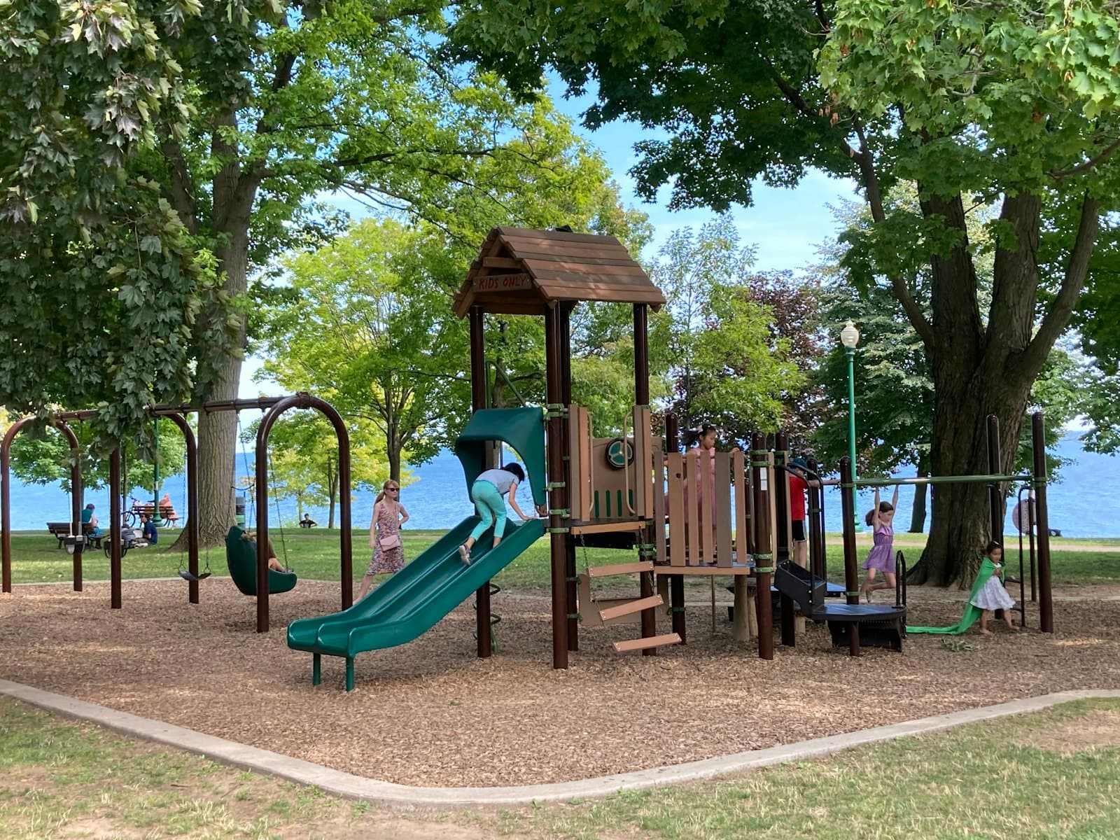 A wooden children's playground among trees